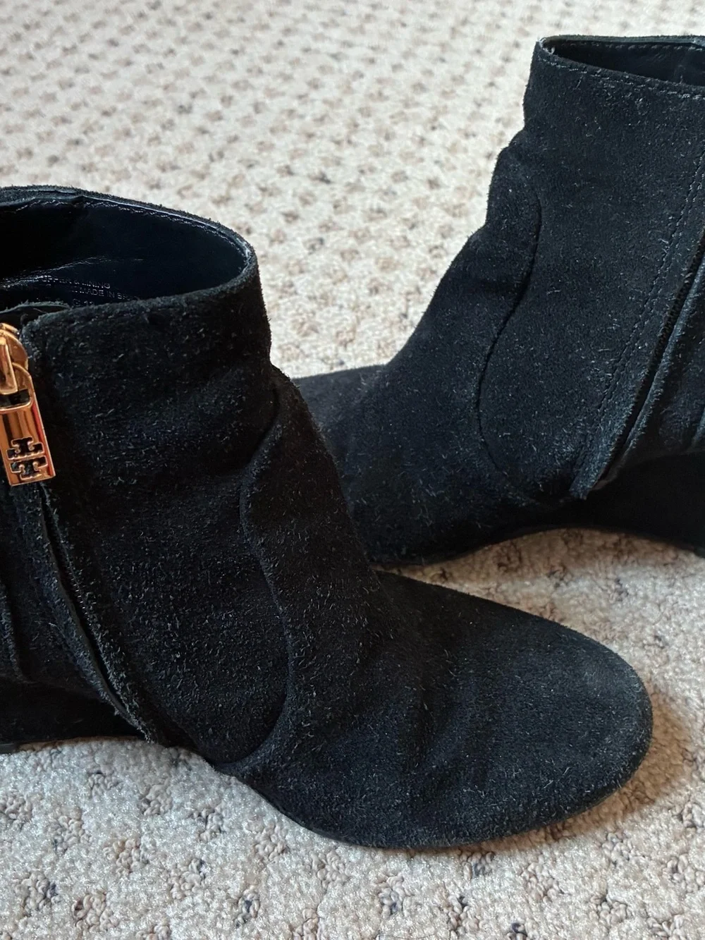 Tory Burch Black Suede Wedge Ankle Booties with Gold Logo